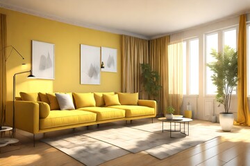 Three dimensional render of yellow colored corner of living room 3d rendering