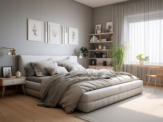 Modern bedroom interior featuring refreshing, neutral tones. AI Generated.