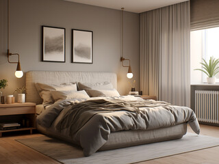 Elegant modern bedroom interior, complete with comfortable furniture. AI Generated.