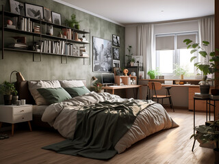 Modern bedroom interior, creatively designed. AI Generated.