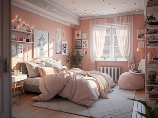Contemporary bedroom interior, elegant design. AI Generated.