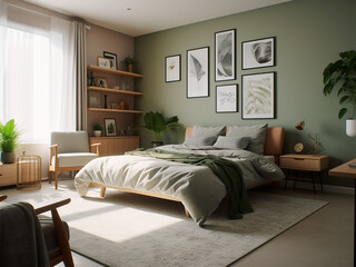 Minimalist bedroom interior with bright hues. AI Generated.