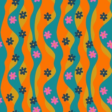 Hand drawn seamless pattern with orange blue pink waves hippie flowers, retro vintage floral print. 60s 70s mod mid century modern mcm design, abstract curves, elegant daisy art.