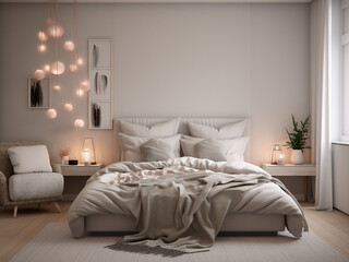 Contemporary white bedroom interior, simple design. AI Generated.