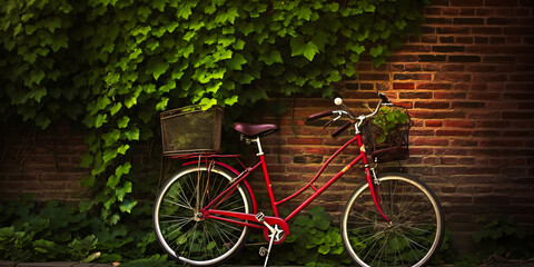 Fototapeta na wymiar Striking red bicycle leaned against vine-covered brick wall, symbolizing leisurely lifestyle and eco-friendly transport - perfect for promoting healthy living.