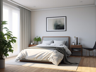 Serene white bedroom interior, adorned with furniture. AI Generated.