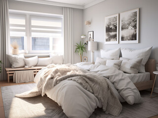 White bedroom interior showcasing exquisite furniture. AI Generated.