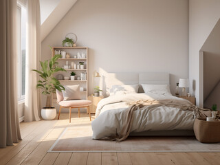 White bedroom interior boasting a bright, tranquil ambiance. AI Generated.