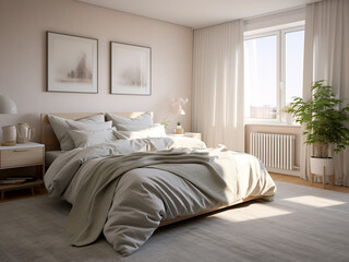 Elegant white bedroom interior, balanced furniture layout. AI Generated.