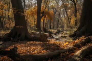 Oak forest, aged wood, serene stream. Nature in detail., generative IA