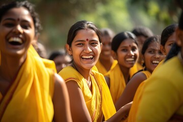 a group of women wearing saris and smiling