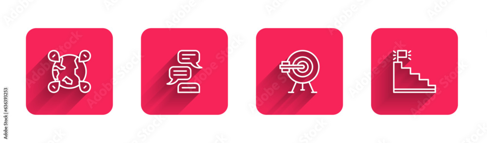 Poster set line location on the globe, speech bubble chat, target with arrow and stair finish flag with lon