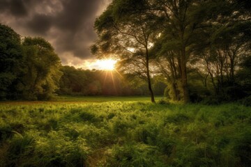 Golden rays pierce clouds, illuminating the countryside., generative IA