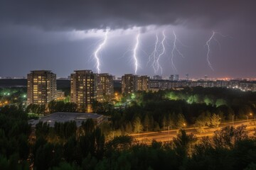 Naklejka na ściany i meble Lightning-lit city in stormy sky., generative IA