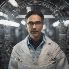 Render a portrait of a focused quantum physicist in a lab, exploring the mysteries of the universe1 - obrazy, fototapety, plakaty