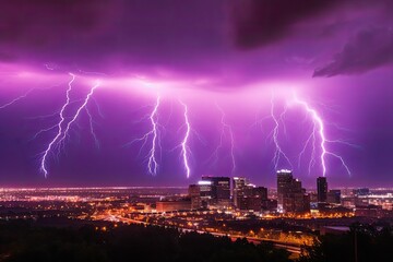 Naklejka na ściany i meble Stormy skies burst into electric lightning over the city., generative IA