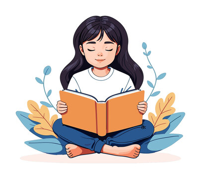 A girl sits with a book, among growing plants. A scene of tranquility and concentration. A girl is reading a book. Education concept. Female student character. Vector illustration
