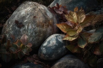 Contrast between natural textures: rough rocks and smooth leaves intertwine harmoniously., generative IA