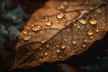 Details of an autumn leaf with textures and raindrops., generative IA