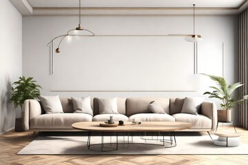 Modern interior with coffee table and sofa. Wall mock up. 3d illustration. 3D render