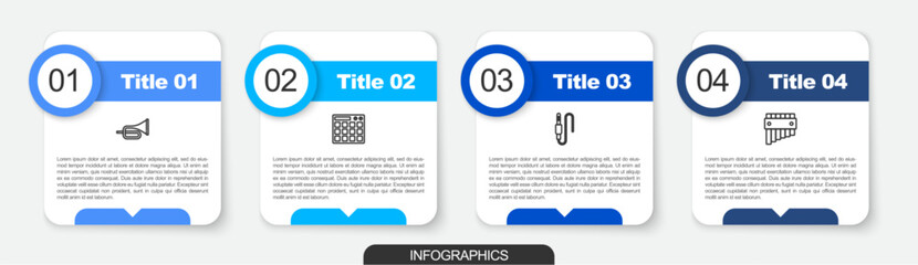 Set line Trumpet, Drum machine, Audio jack and Pan flute. Business infographic template. Vector