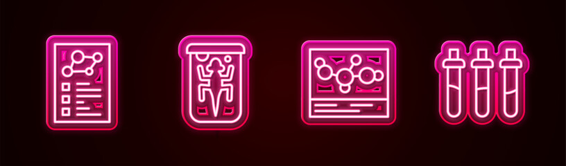 Set line Clinical record, Experimental animal, Chemical formula and Reagent bottle. Glowing neon icon. Vector