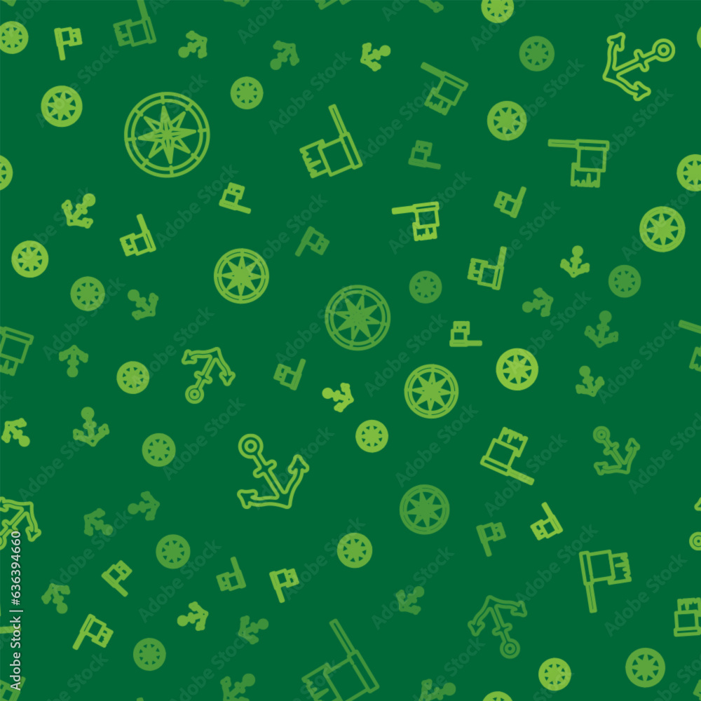 Poster set line compass, anchor and pirate flag on seamless pattern. vector
