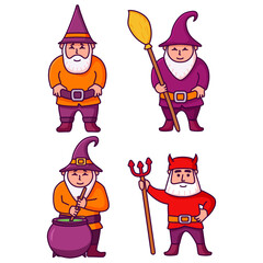 Witch cauldron.Halloween magic pot with green potion.Set gnome magical character with a long gray beard.Cartoon wizard.Elderly sorcerer brew .Halloween dwarf.Vector flat illustration.