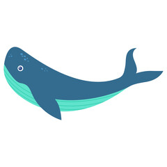 Hand drawn cartoon blue whale. Cute whale sea life.Cachalot marine life.Isolated on white background.Vector flat illustration.Underwater fish.Sperm whale marine mammal.