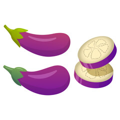 Cute Eggplant cartoon icon.Food vegetable.Whole eggplant and slices.Aubergine vegetarian food.Healthy food design.Isolated on white background.Cartoon vector illustration.