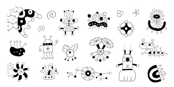 microbes monsters hand drawn funny characters , vector background for kids