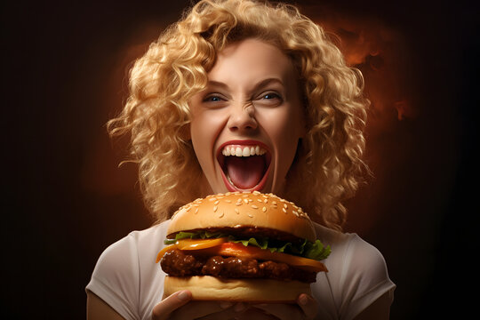 Blonde Delight: Hilarious Laughter Shared with a Burger, Photobashing Style, in Vibrant Photorealism