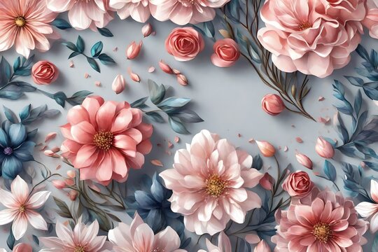 Flowers in the style of watercolor art. Luxurious floral elements, botanical background or wallpaper design, prints and invitations, postcards. Beautiful delicate flowers 3D illustration 3D render