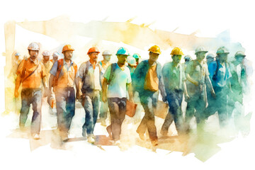 Engaging Labor Day depiction in watercolor style, featuring subtle hues and free-flowing shapes. The delicate interplay of light and color fascinatingly portrays a group of workers.