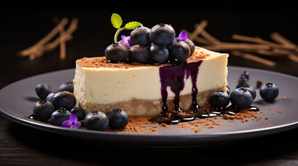 Food photography, cheese cake, blueberries, cinnamon, in a luxurious Michelin kitchen style, depth of field, ultra detailed, uplight, natural features