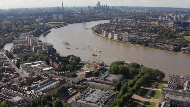 Aerial of Cutty Sark ship by River Thames, Greenwich, London, UK