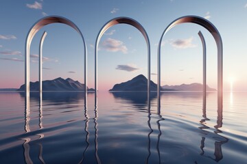 3d illustration of arches in the water with mountains in the background