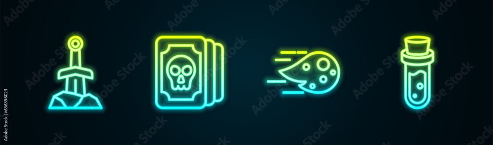 Wall mural Set line Sword in the stone, Tarot cards, Fireball and Bottle with potion. Glowing neon icon. Vector