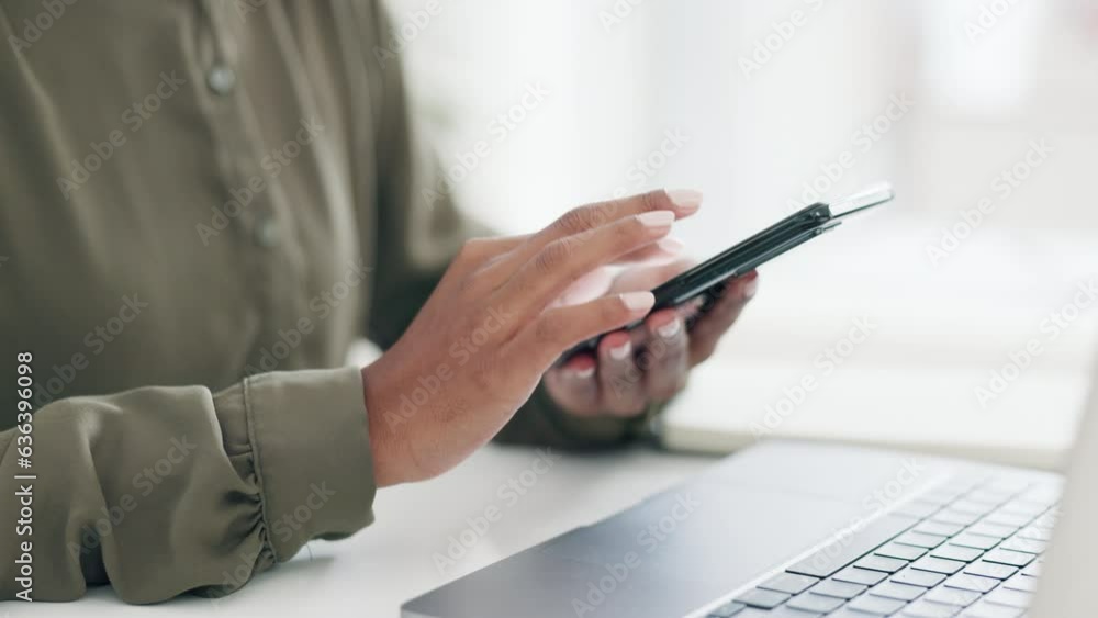 Poster hands, business and woman with a cellphone, typing and connection with notification, search internet