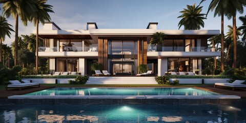 Fototapeta premium Generative AI, View of swimming pool in front of a modern luxury house. Villa, hotel resort