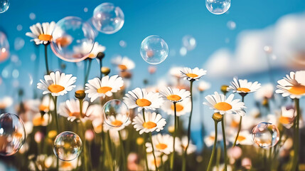Soap bubbles, bokeh. Large bright colored flowers. Against the background of the blue sky. Generative AI technology.