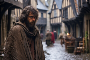 recreation of a beggar in the middle ages in a European city of the past