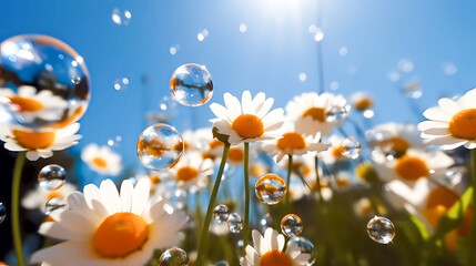 Soap bubbles, bokeh. Large bright colored flowers. Against the background of the blue sky. Generative AI technology.