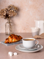 Food photography of Croissant, Coffee, Cappuccino, Breakfast, Caffeine, Baked,  Gourmet, Eating, Latte, Table, Restaurant, Cafe