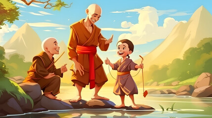 wise monk and young monk teach to girl how to cross river. cartoon style, 