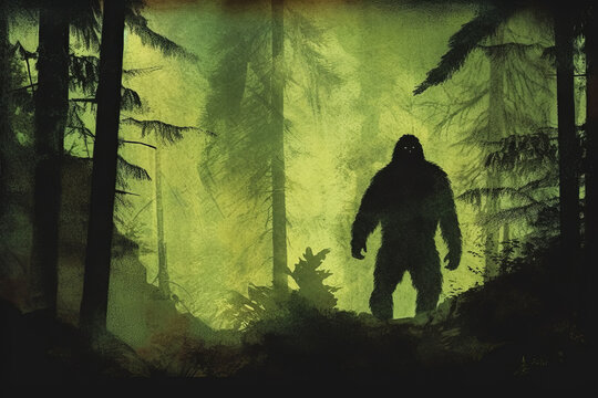 Mysterious Bigfoot silhouette in a dark green forest, sparking feelings of intrigue and fascination with cryptozoological creatures.