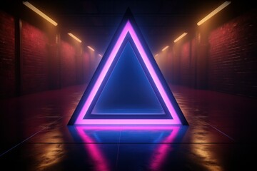 3D rendering of an abstract background with neon lights and a pyramid
