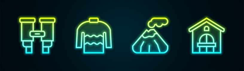 Set line Binoculars, Sweater, Volcano and Farm house. Glowing neon icon. Vector