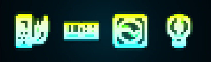 Set line Ampere meter, multimeter, Electric light switch, AC voltage source and Creative lamp idea. Glowing neon icon. Vector