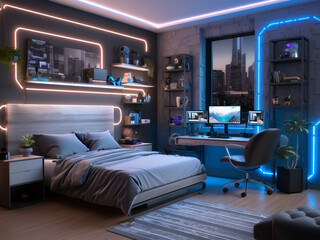 Innovative high-tech bedroom interior, balanced design. AI Generated.
